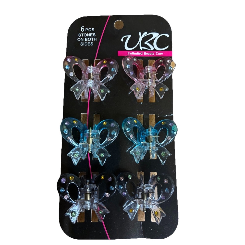UBC  Girls Hair Claw Clip Bows Rhinestones Pink Blue‎ Black  1.5" 6 pc NEW